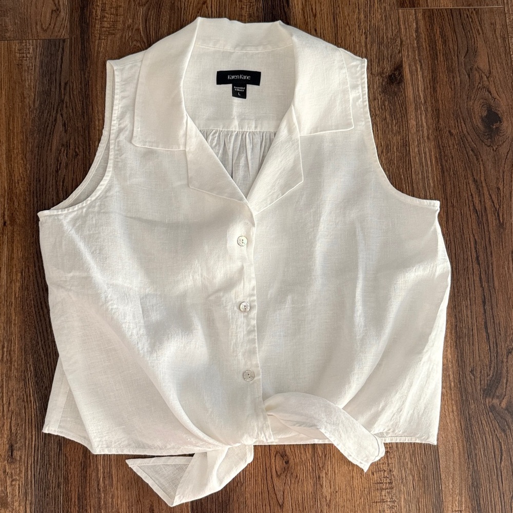 Karen Kane White Linen sleeveless Blouse. Button down with tie at the waist